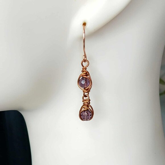 Copper Wire Glass Beaded Dangle Earrings, Boho Chic Artisan OOAK 2" - Picture 1 of 10